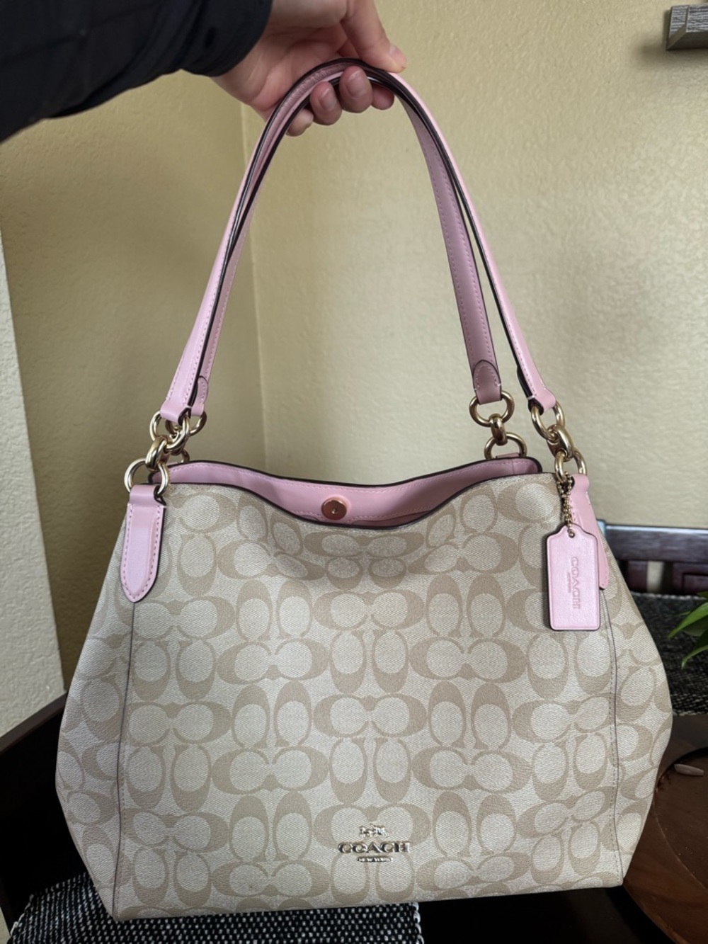 Coach Beige Signature Canvas Hobo Bag with Pink Trim